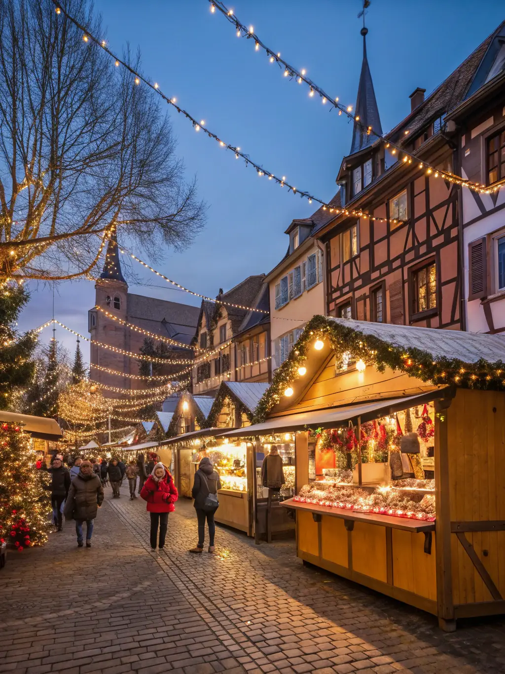 A photograph capturing the excitement of a Christmas market in Vierzon, showcasing local artisans selling their crafts, families enjoying festive treats, and the city center adorned with holiday decorations.