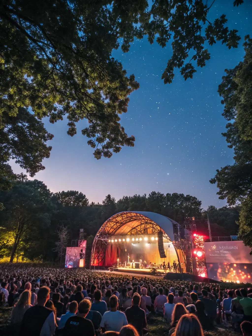 A dynamic image of a summer music festival in Vierzon, with a diverse crowd enjoying live performances, food vendors offering local cuisine, and the city's landmarks providing a scenic backdrop.