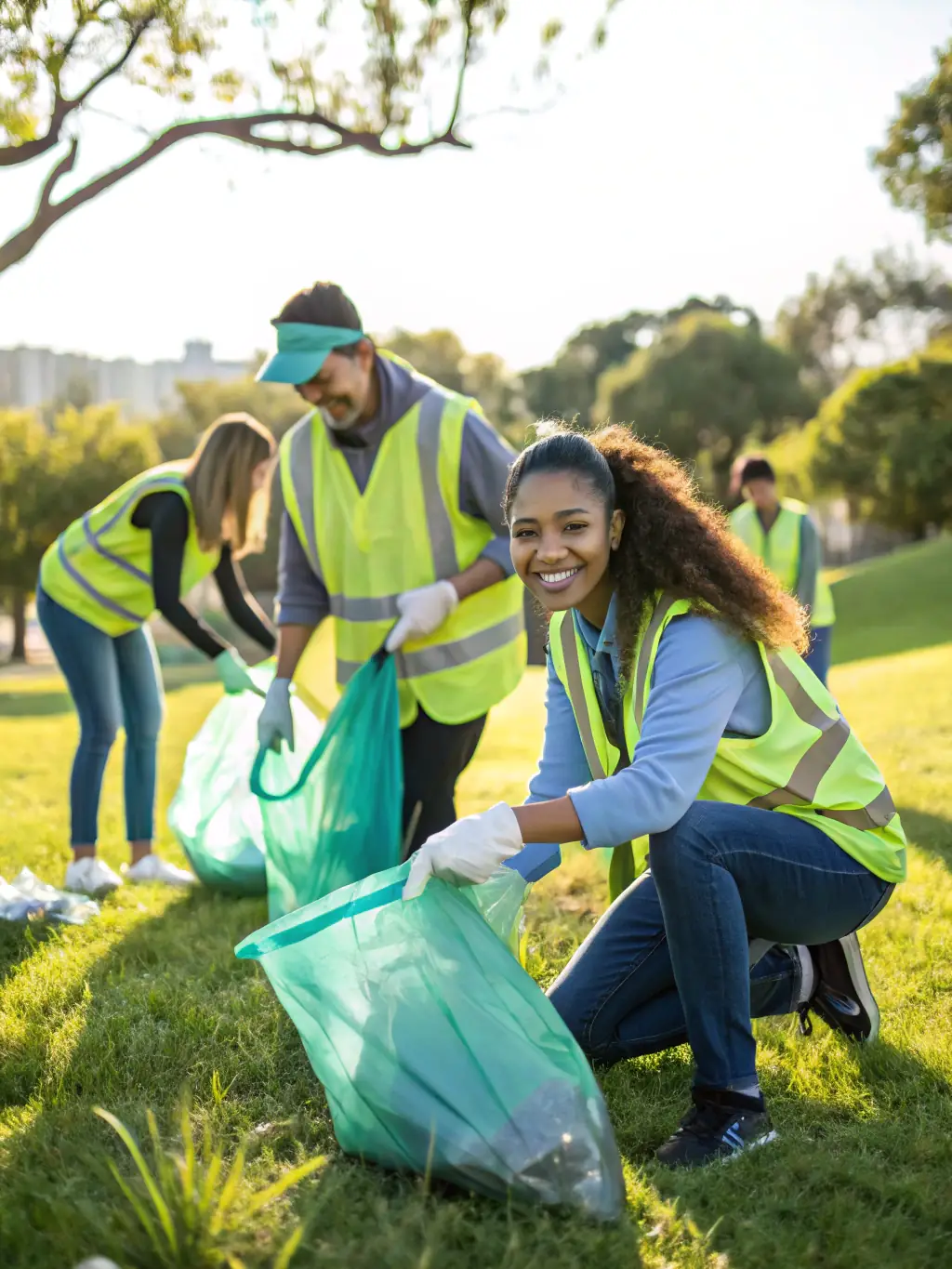 A photograph of a community cleanup event in Vierzon, showing volunteers working together to beautify the city center, planting flowers, and removing litter.